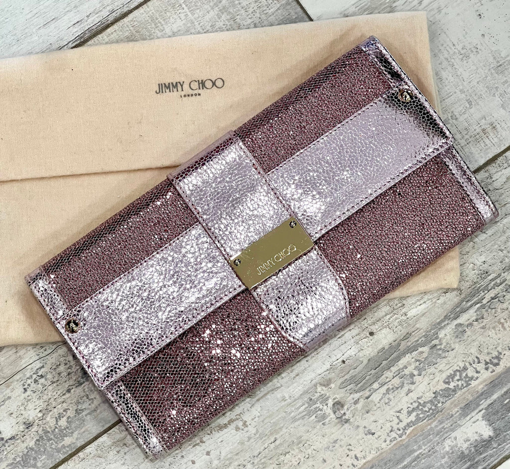 JIMMY CHOO METALLIC PINK LEATHER GLITTER UBAI CLUTCH BAG