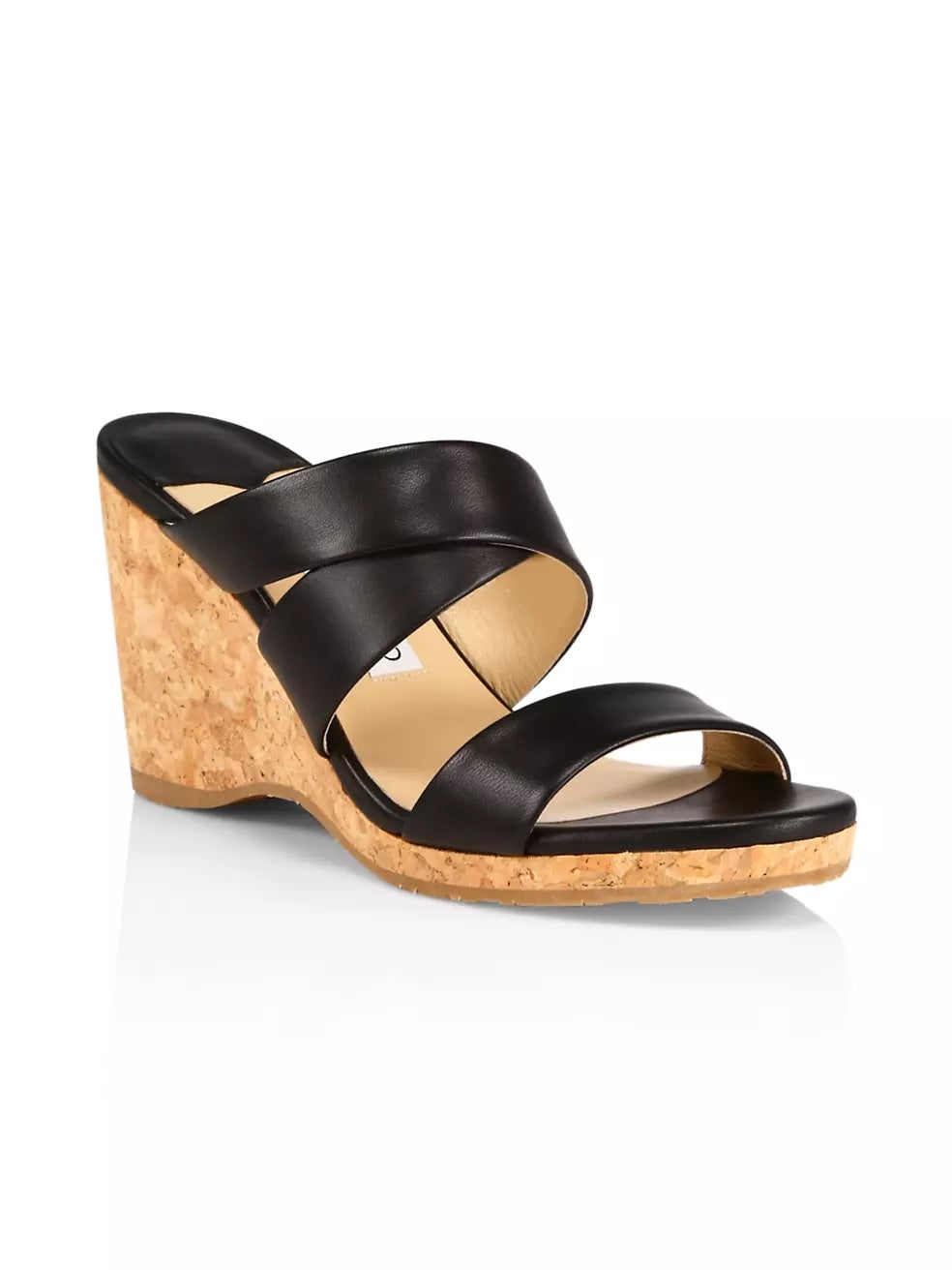 JIMMY CHOO SUE CALFSKIN LEATHER CORK WEDGE HEEL MULES