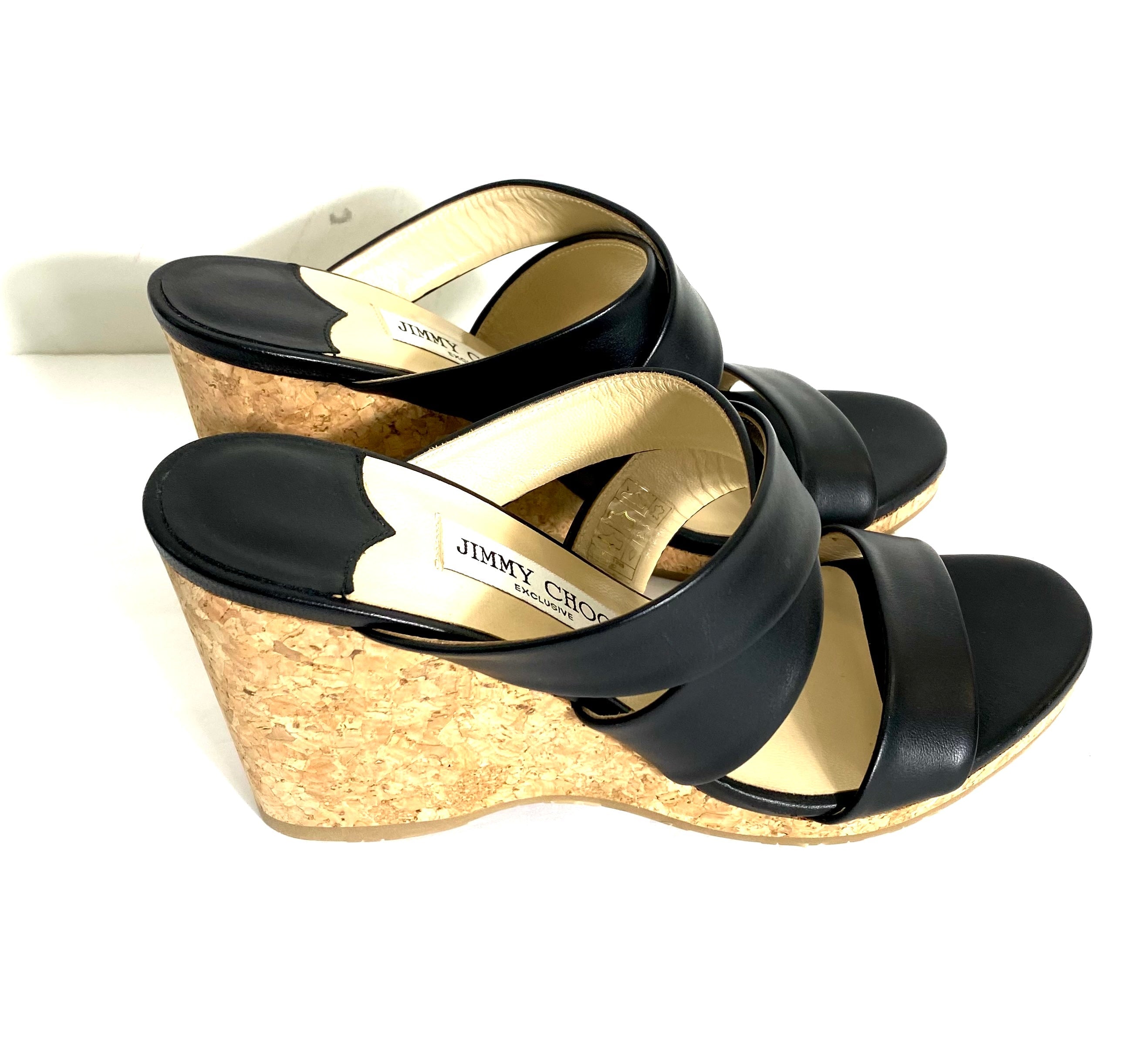 JIMMY CHOO SUE CALFSKIN LEATHER CORK WEDGE HEEL MULES