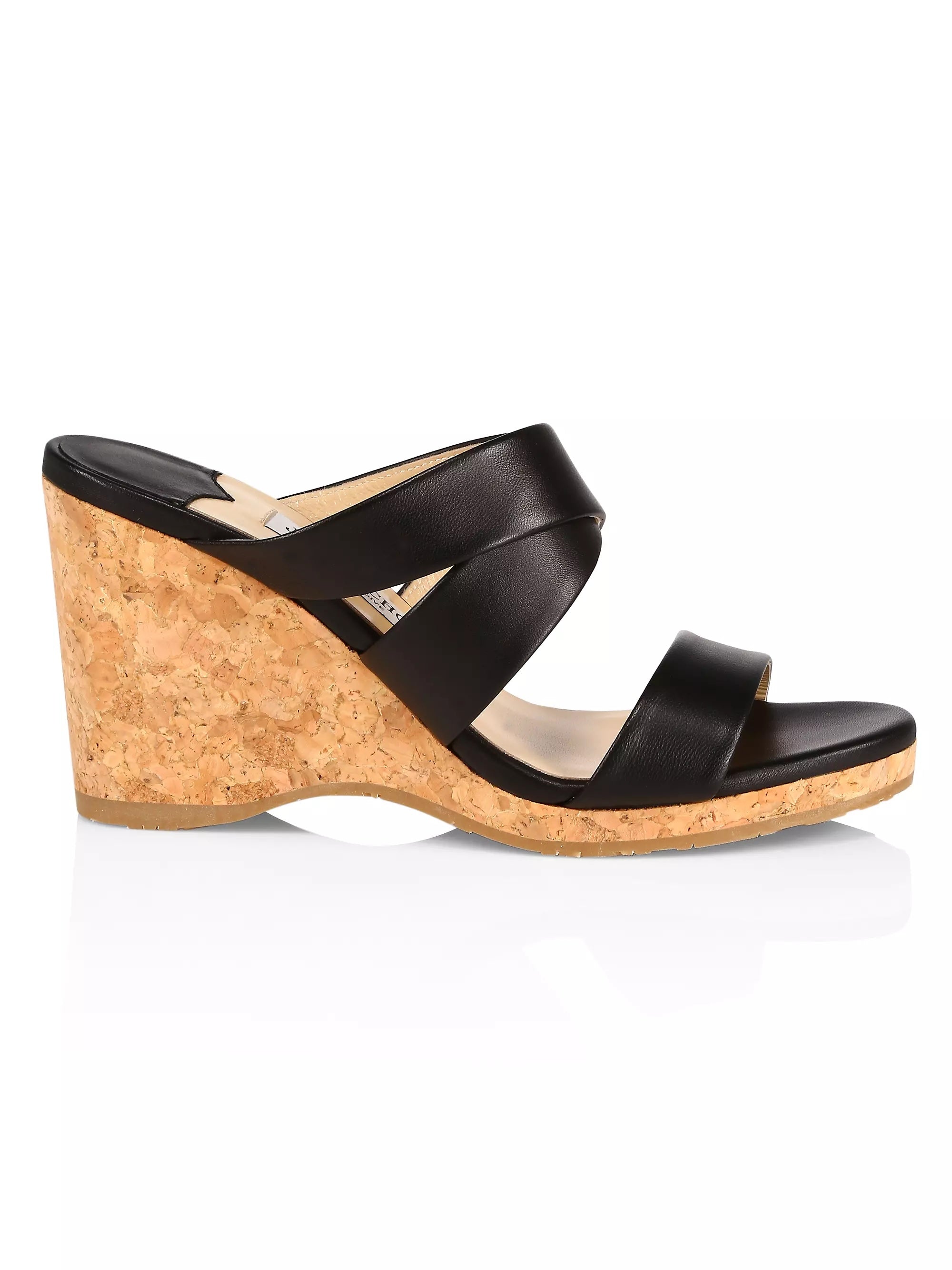 JIMMY CHOO SUE CALFSKIN LEATHER CORK WEDGE HEEL MULES