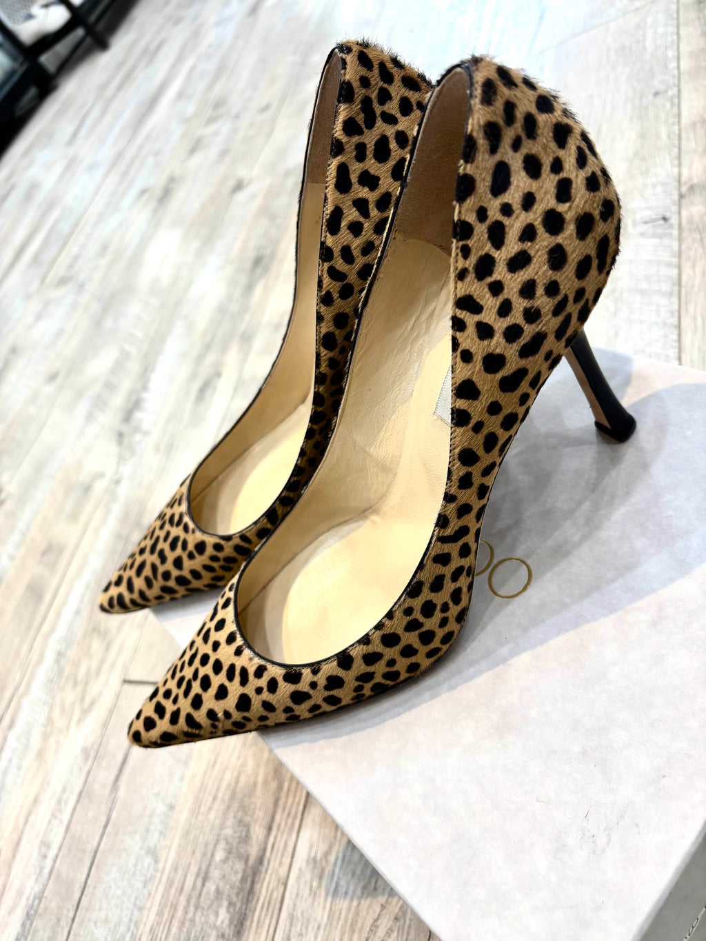 JIMMY CHOO LEOPARD PRINT CALFHAIR POINTED TOE PUMPS