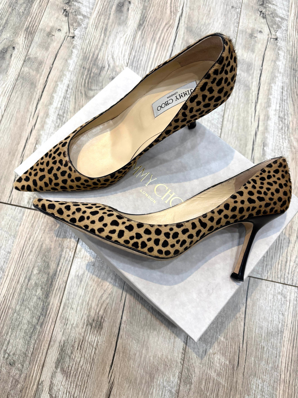 JIMMY CHOO LEOPARD PRINT CALFHAIR POINTED TOE PUMPS
