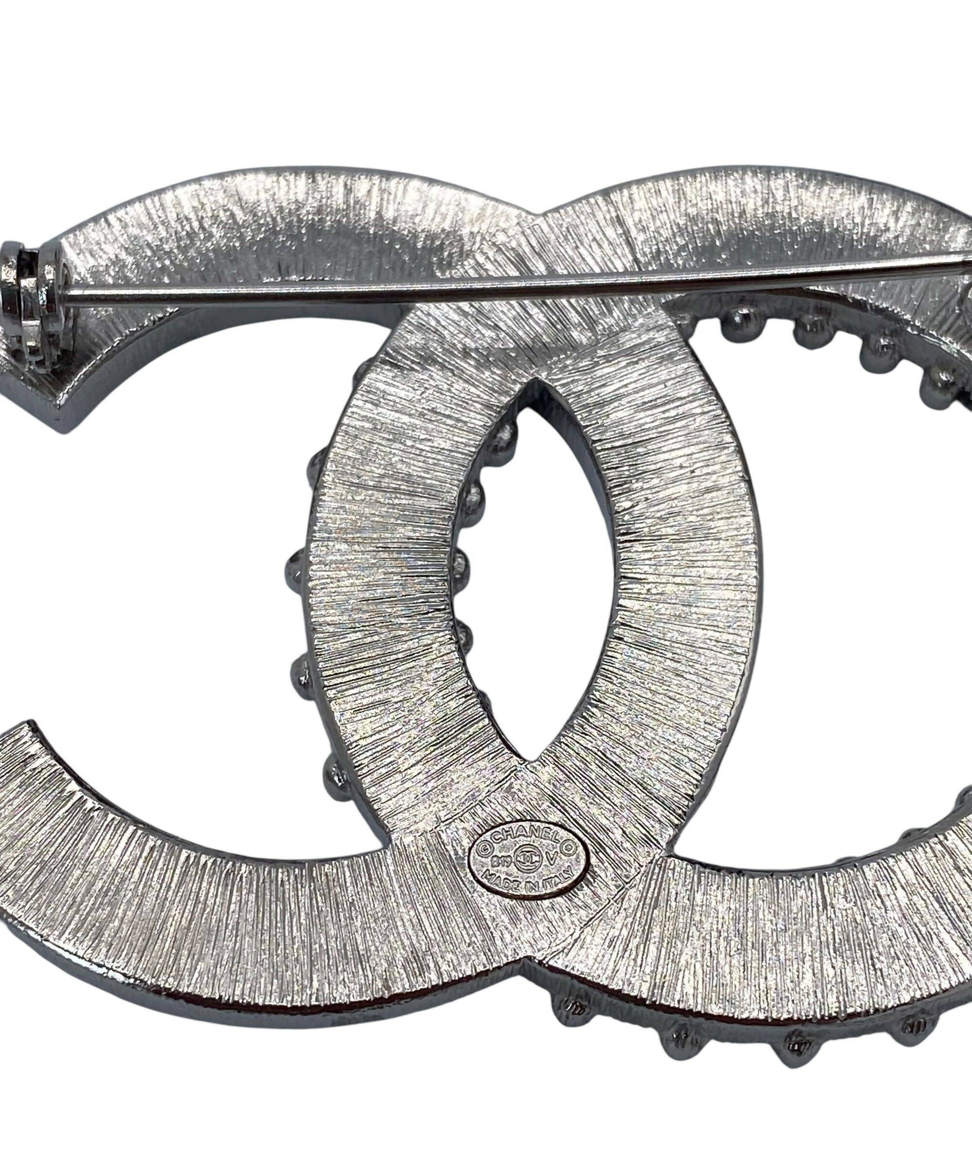 Chanel 2019 Large Silver Crystal Embellished CC Brooch