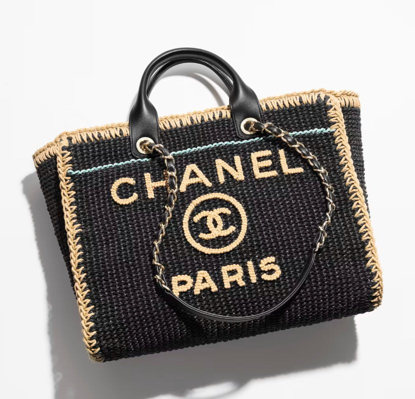 Chanel Black, Beige, Light Green Cotton Crochet Large Deauville Tote Gold Hardware