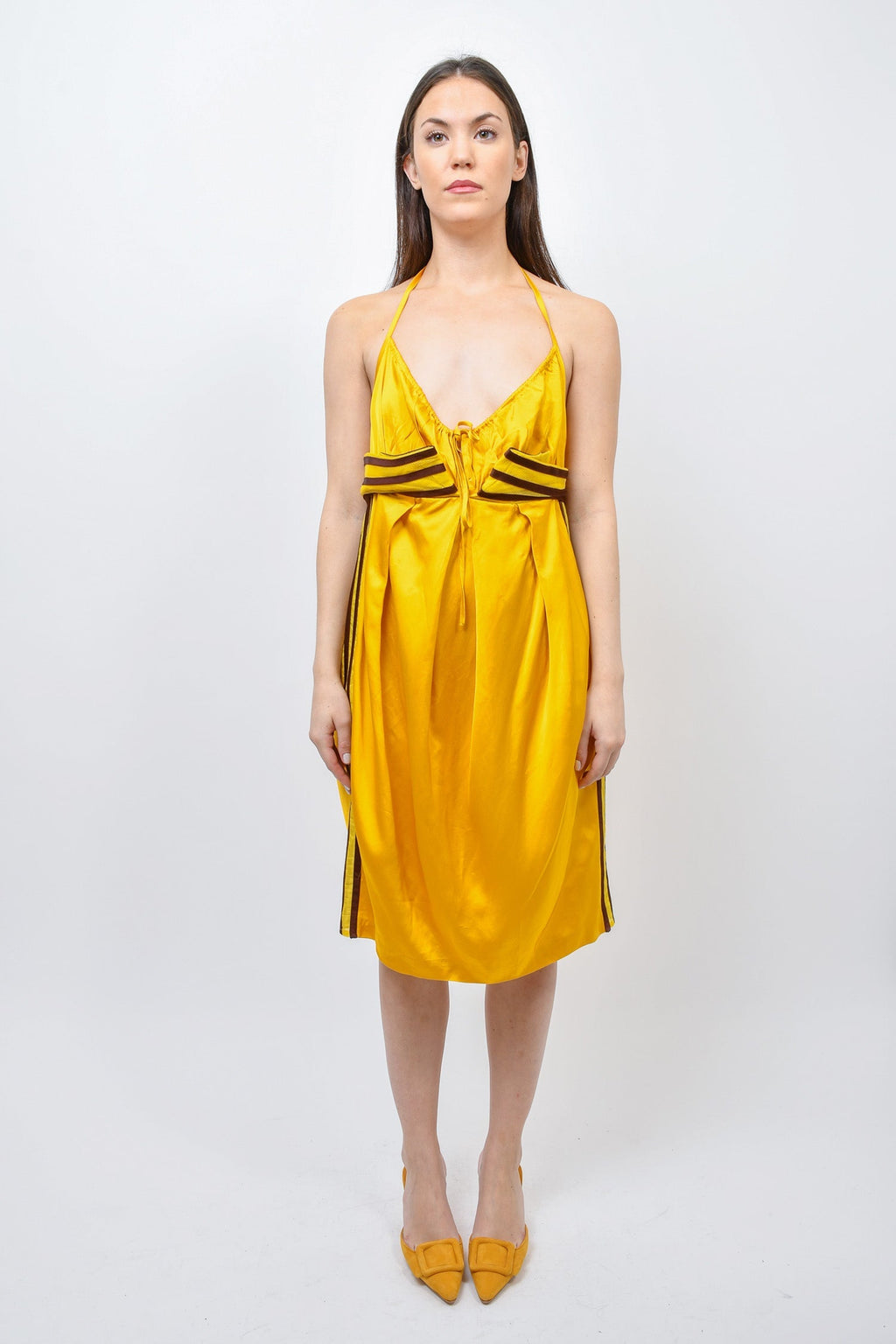 Jean Paul Gaultier Yellow Silk Strappy Mini Dress with Brown Stripes Size 42