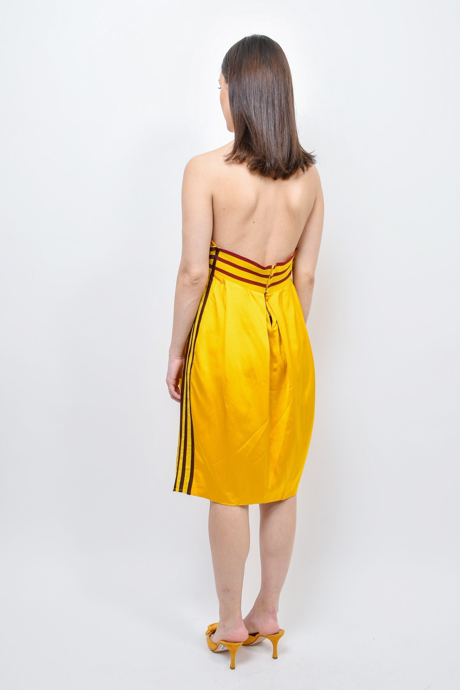 Jean Paul Gaultier Yellow Silk Strappy Mini Dress with Brown Stripes Size 42