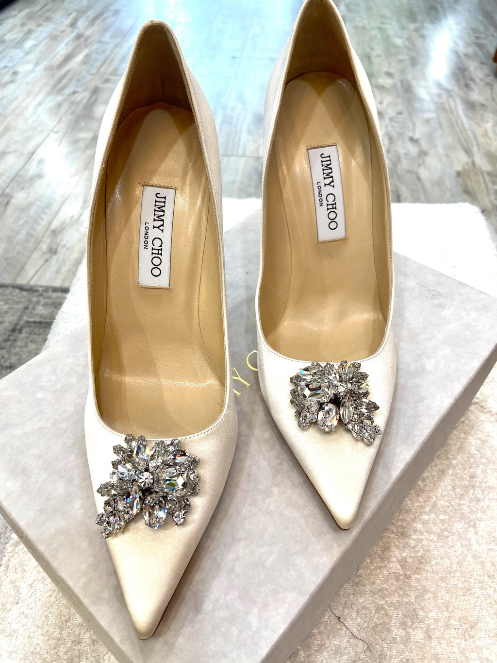 JIMMY CHOO ABEL SATIN CRYSTAL PUMPS