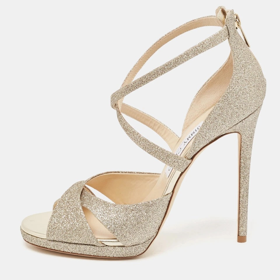 JIMMY CHOO GOLD GLITTER LORINA 100 SANDALS