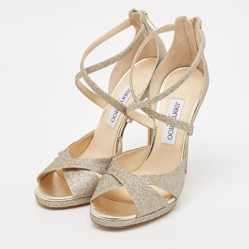 JIMMY CHOO GOLD GLITTER LORINA 100 SANDALS
