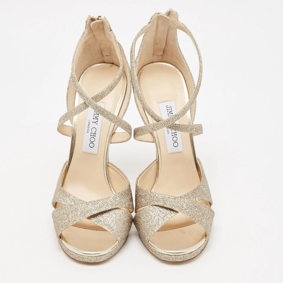 JIMMY CHOO GOLD GLITTER LORINA 100 SANDALS