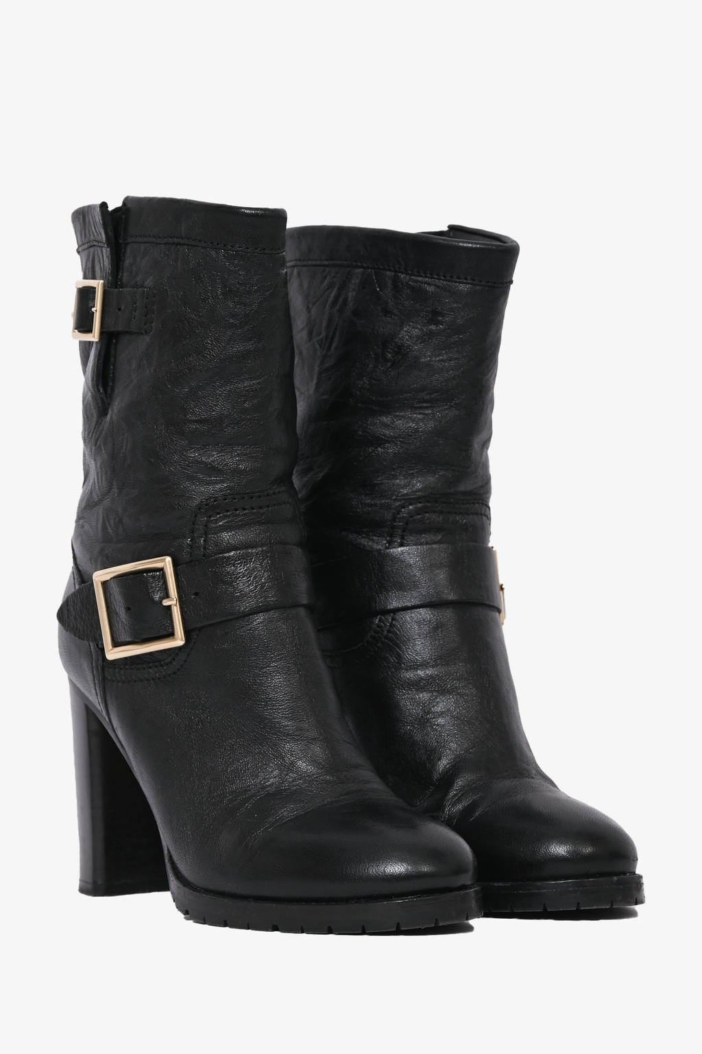 Jimmy Choo Black Leather Crinkled Block Heel Boot Size 38.5