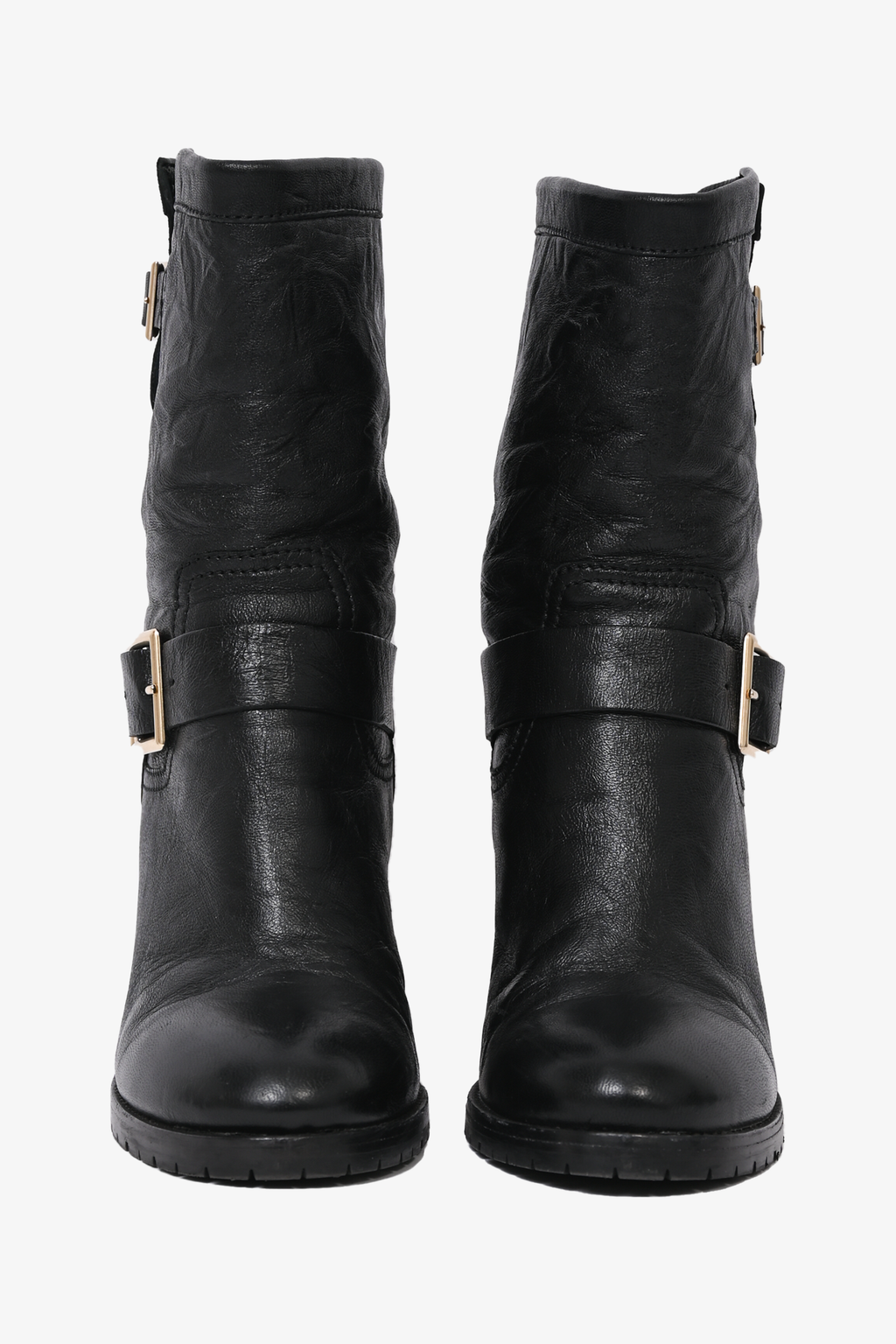 Jimmy Choo Black Leather Crinkled Block Heel Boot Size 38.5