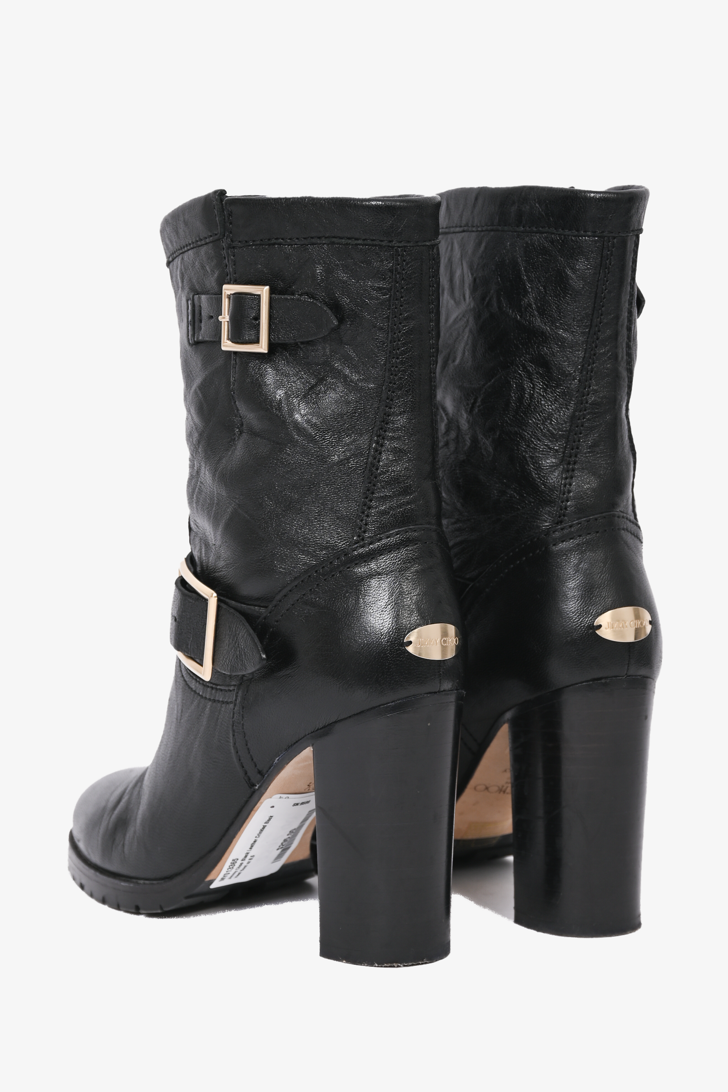 Jimmy Choo Black Leather Crinkled Block Heel Boot Size 38.5