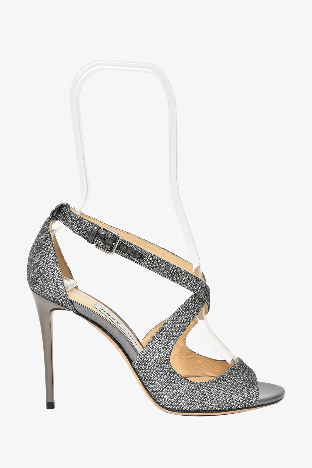 Jimmy Choo Silver Glitter Peep Toe Heels Size 36.5