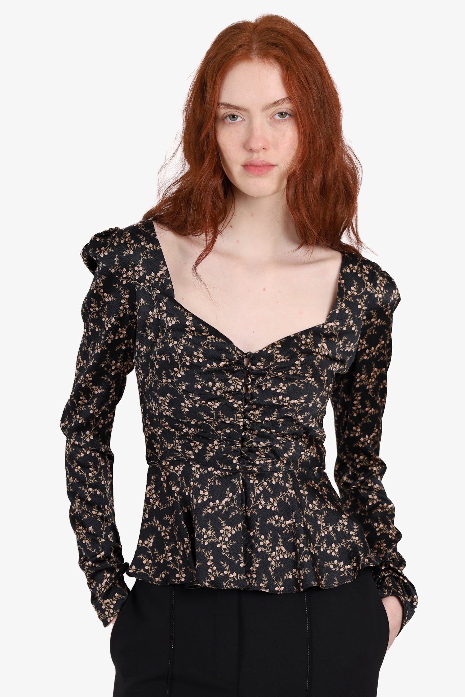 Jonathan Simkhai Black Floral Print Twisted Long Sleeve Blouse Size XS