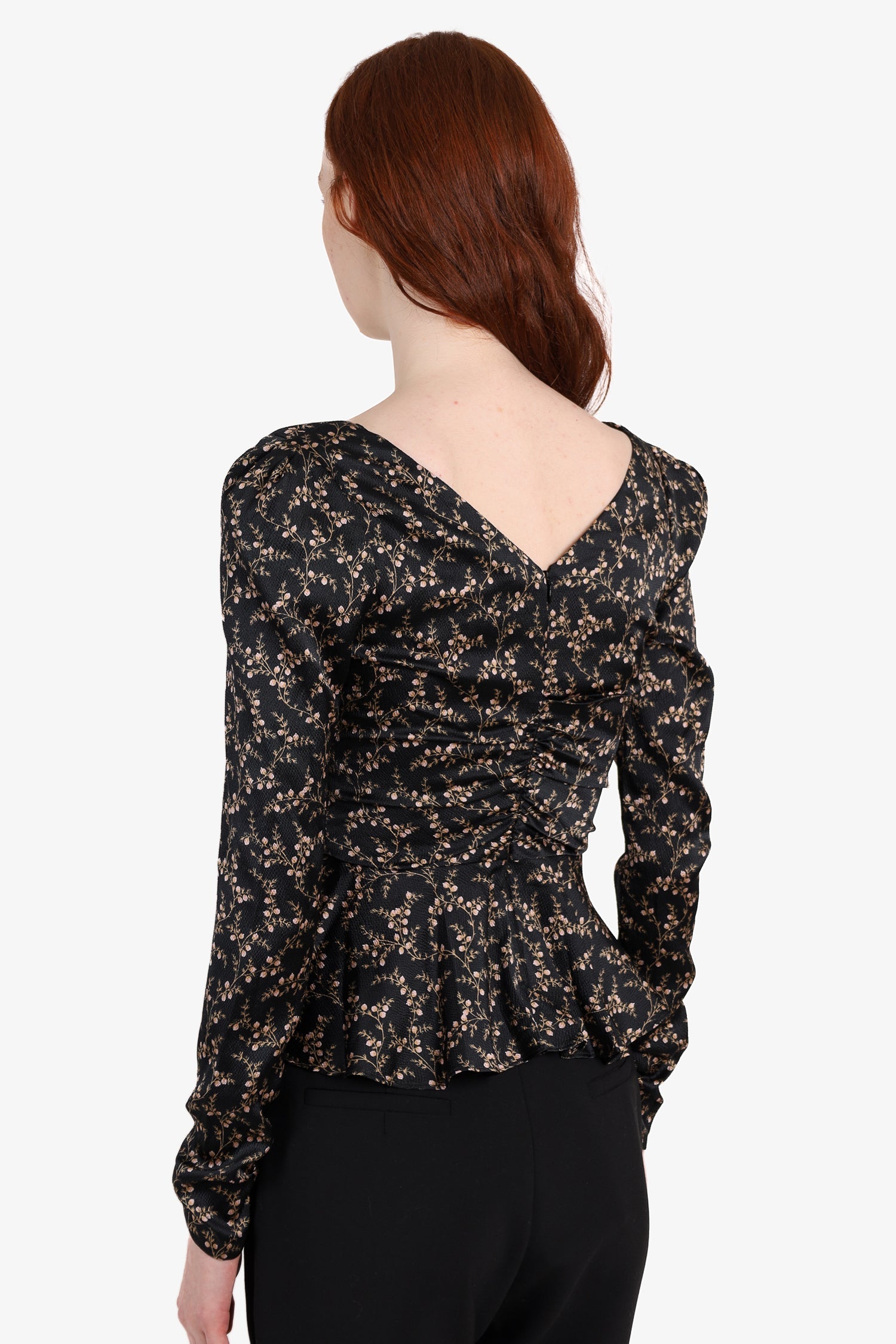 Jonathan Simkhai Black Floral Print Twisted Long Sleeve Blouse Size XS