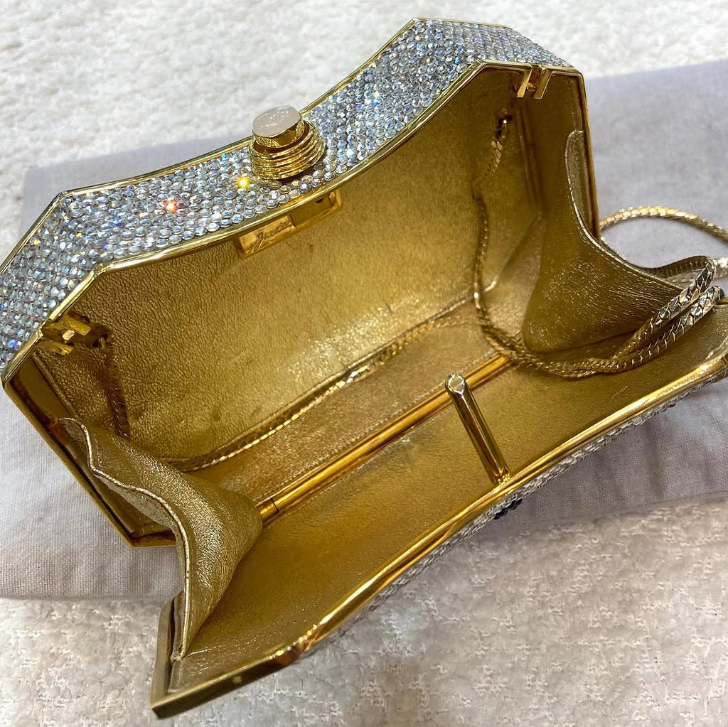 JUDITH LEIBER CRYSTAL GEMSTONE METALLIC CLUTCH BAG W SHOULDER CHAIN