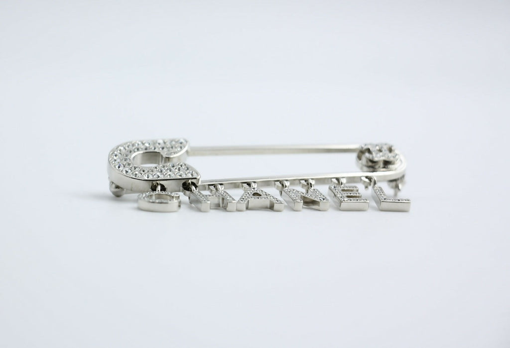 Chanel B18P Rhinestone Metal Thick ‘CHANEL’ Brooch