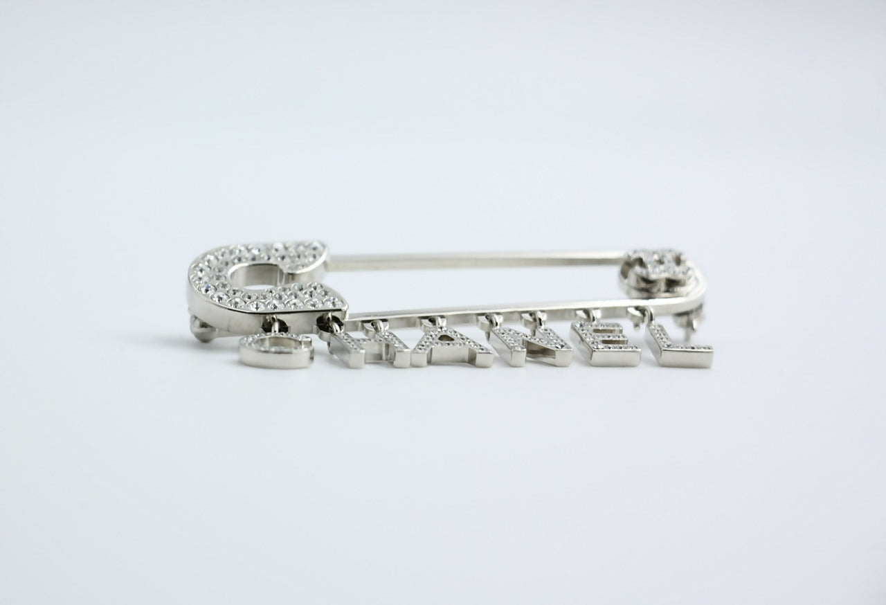 Chanel B18P Rhinestone Metal Thick ‘CHANEL’ Brooch