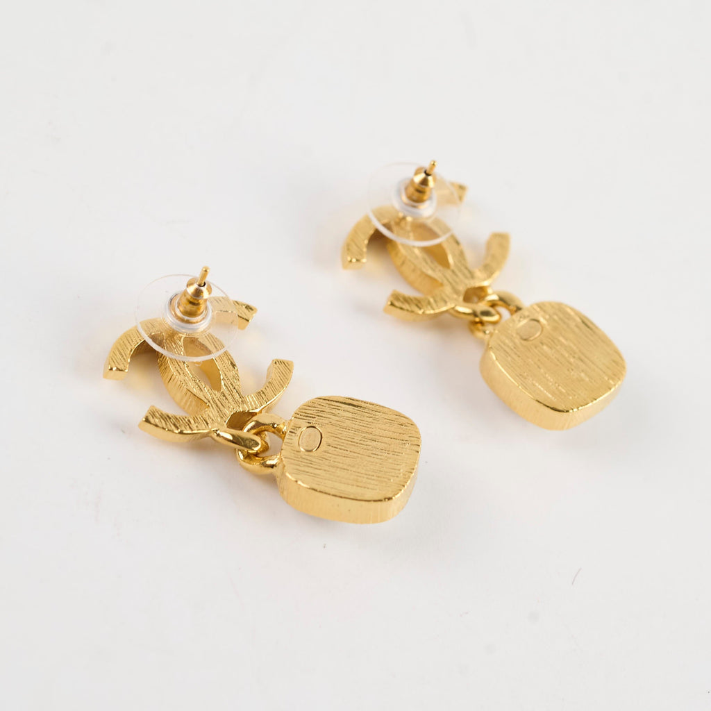 Chanel Gold CC Square Pearl Drop Earrings Costume Jewellery
