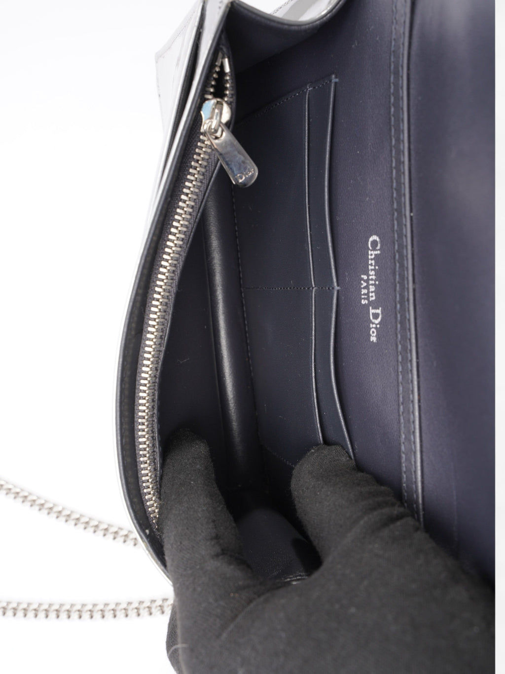 Diorama Wallet On Chain  Silver Patent Leather