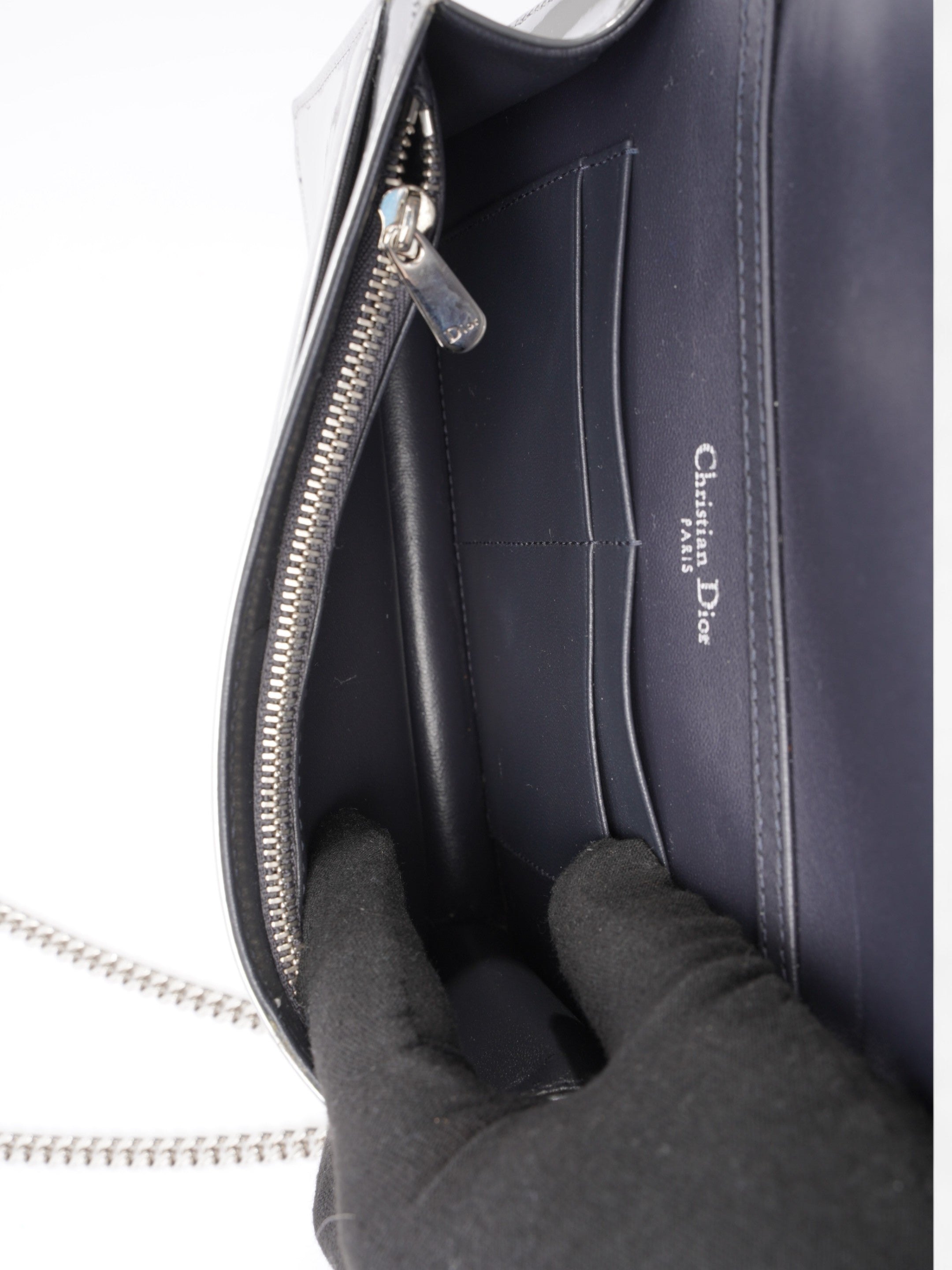 Diorama Wallet On Chain  Silver Patent Leather