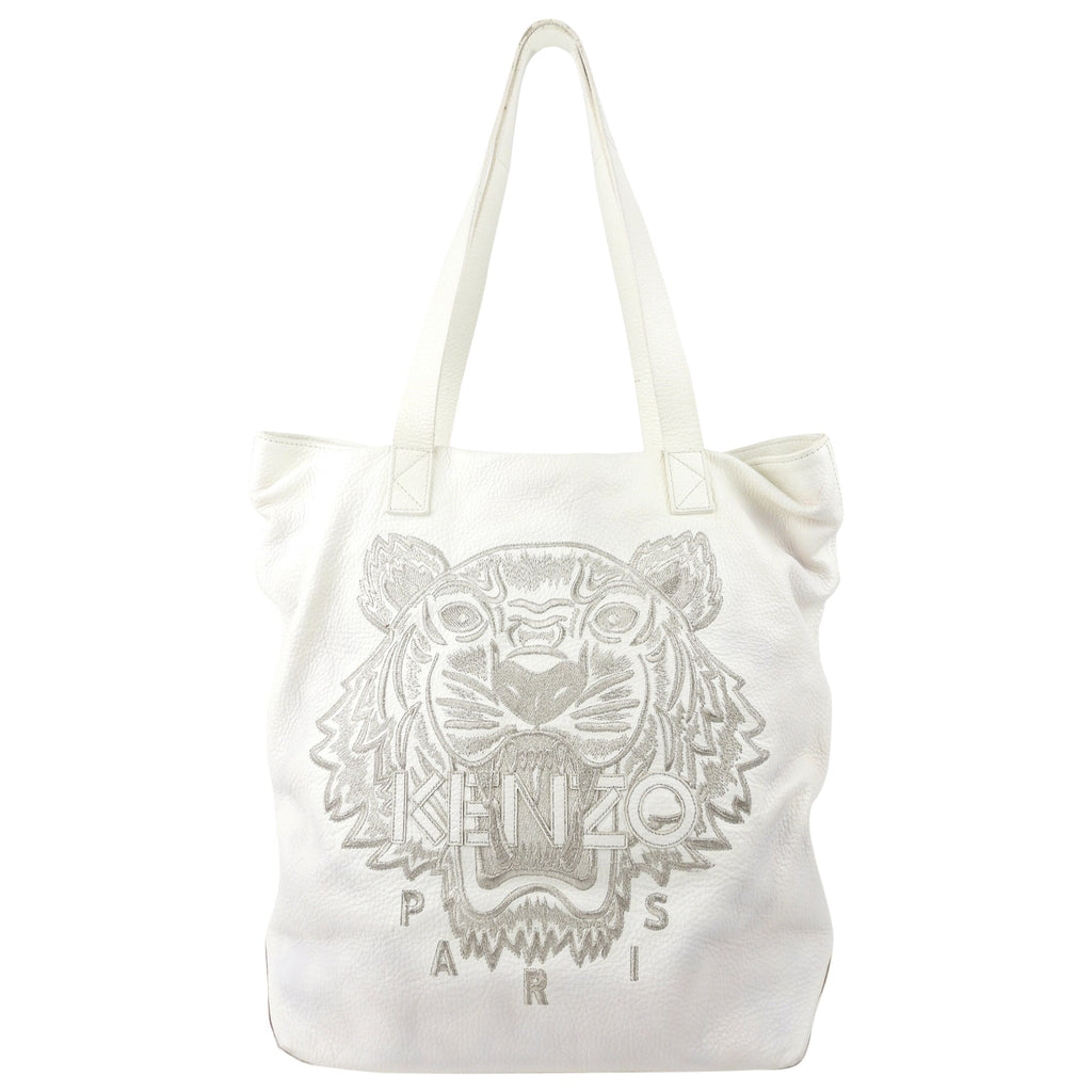 Kenzo Paris White Leather Tiger Logo Embroidered Tote