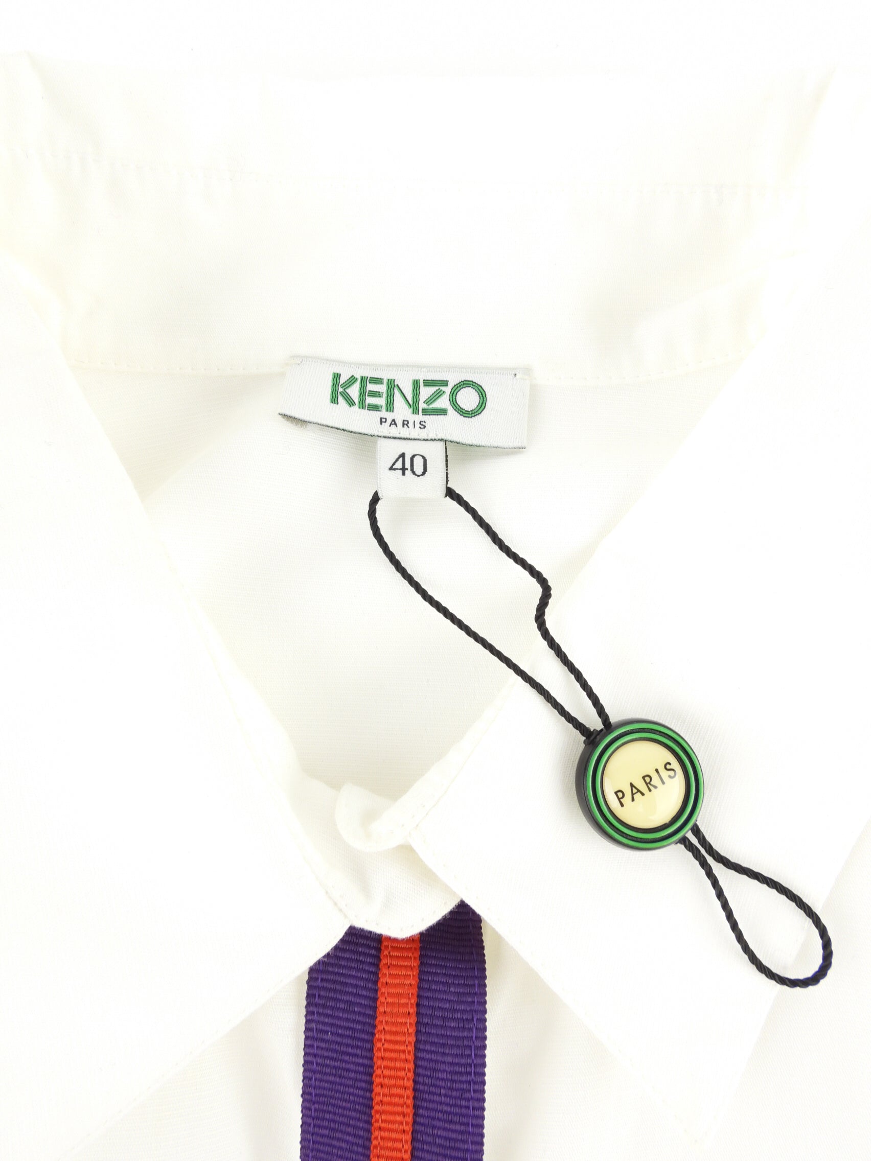 Kenzo White Cotton Purple and Red Trim Ruffle Sleeve Drawstring Waist Midi Dress - 40