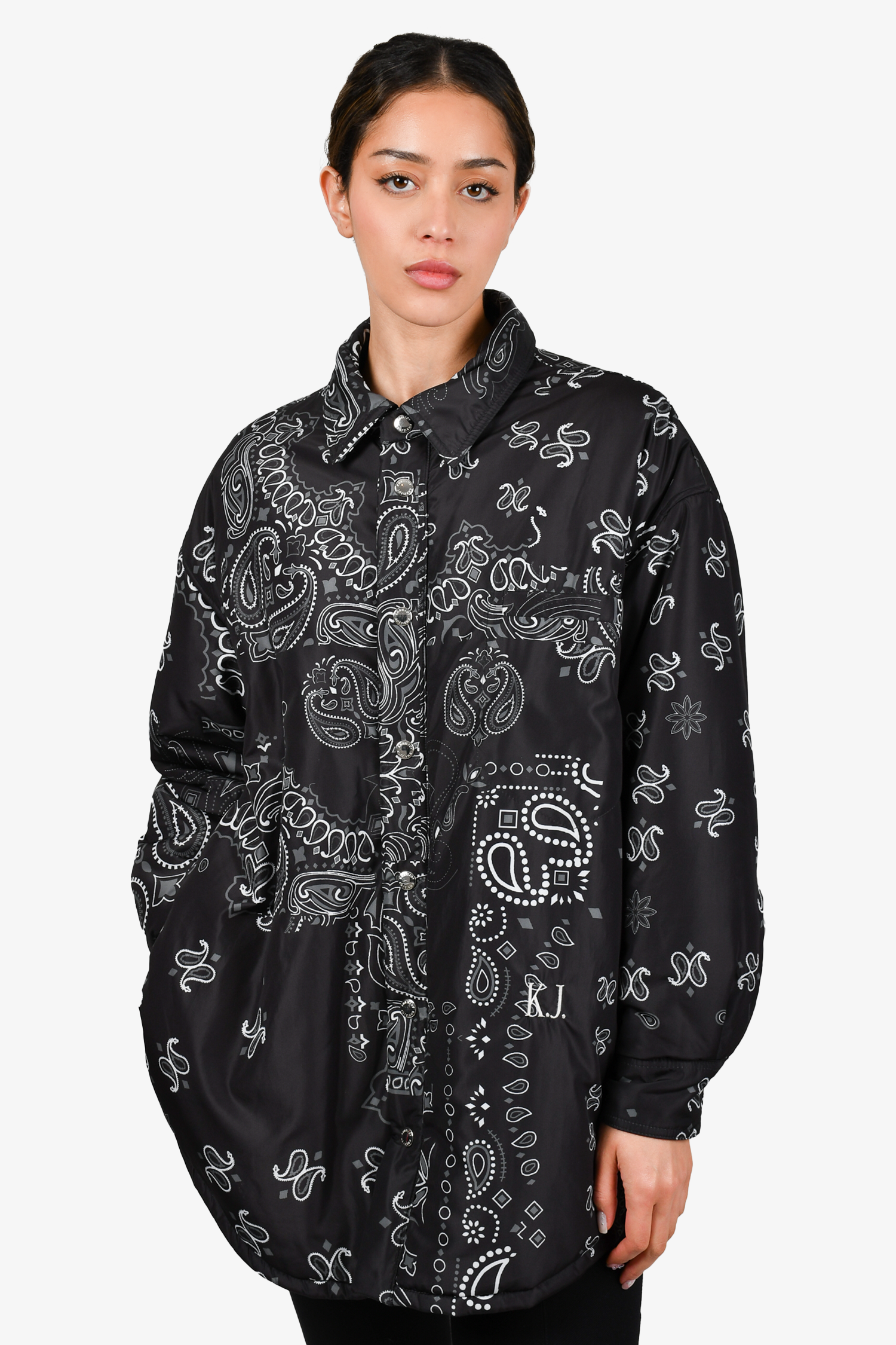 Khrisjoy Black Bandana Printed Nylon Puffer Shirt Jacket
