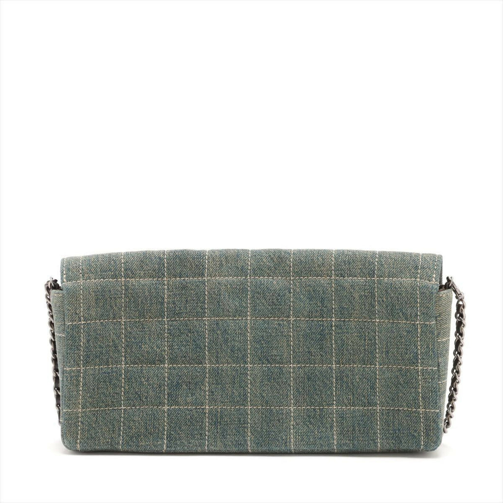Chanel Denim Chocolate Bar Quilted East West Matte Silver Chain Flap Bag