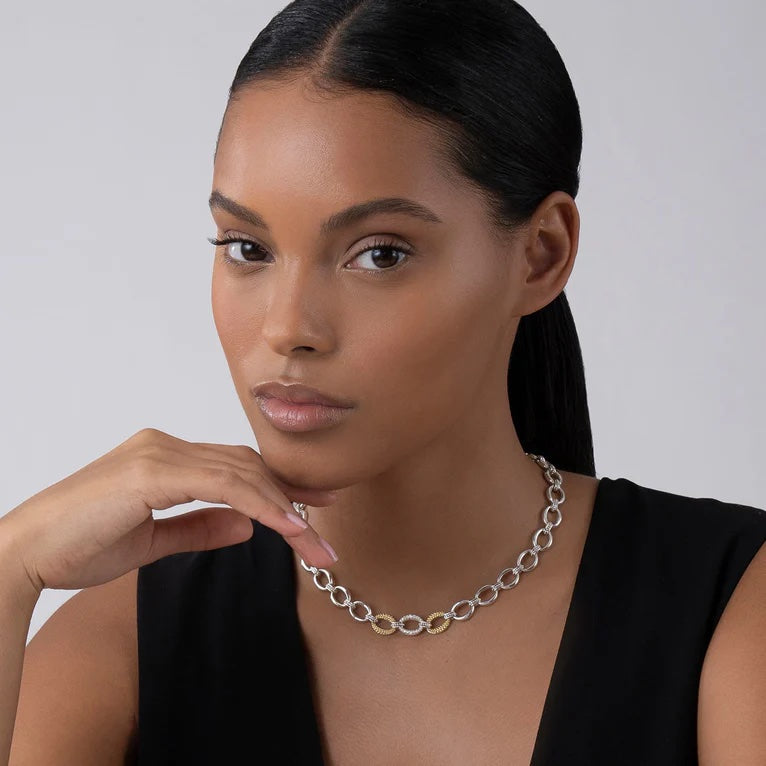 LAGOS CAVIAR LUX SILVER 18K GOLD SINGLE STATION DIAMOND LINK NECKLACE