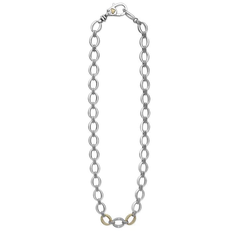 LAGOS CAVIAR LUX SILVER 18K GOLD SINGLE STATION DIAMOND LINK NECKLACE