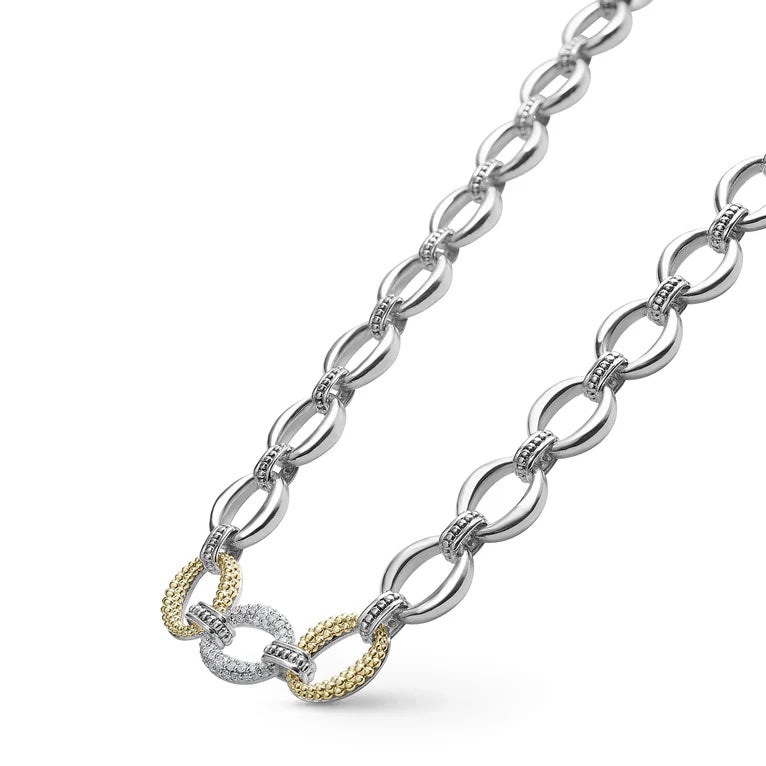 LAGOS CAVIAR LUX SILVER 18K GOLD SINGLE STATION DIAMOND LINK NECKLACE