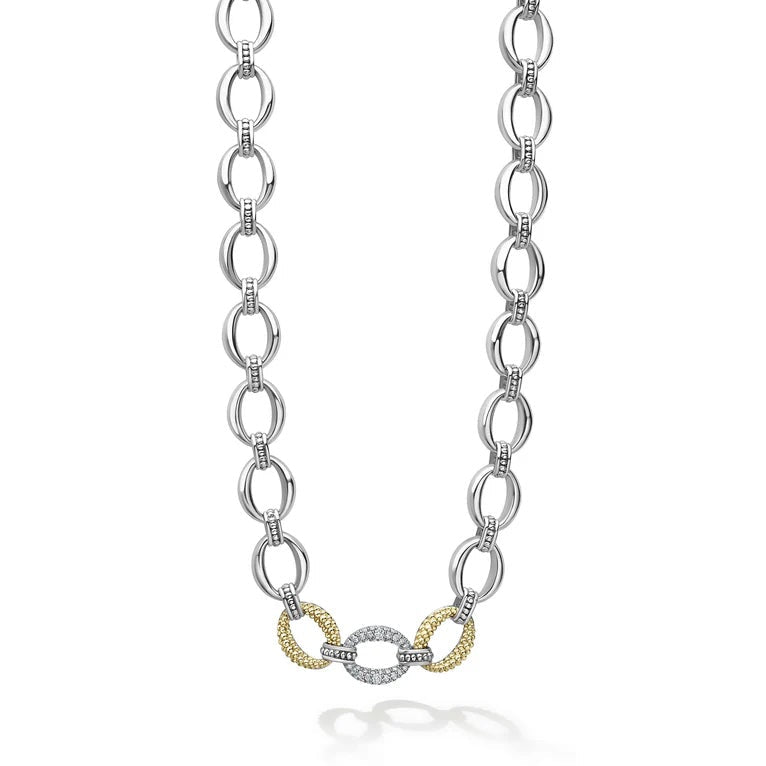 LAGOS CAVIAR LUX SILVER 18K GOLD SINGLE STATION DIAMOND LINK NECKLACE