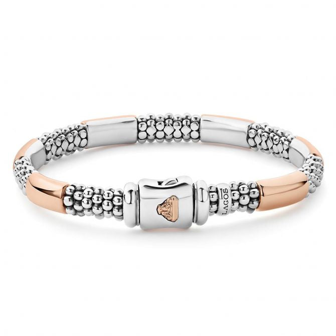 LAGOS 18K ROSE GOLD STERLING SILVER HIGH BAR POLISHED CAVIAR BEAD BRACELET