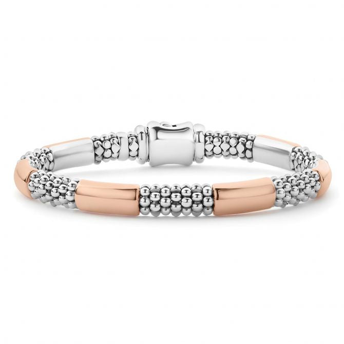 LAGOS 18K ROSE GOLD STERLING SILVER HIGH BAR POLISHED CAVIAR BEAD BRACELET