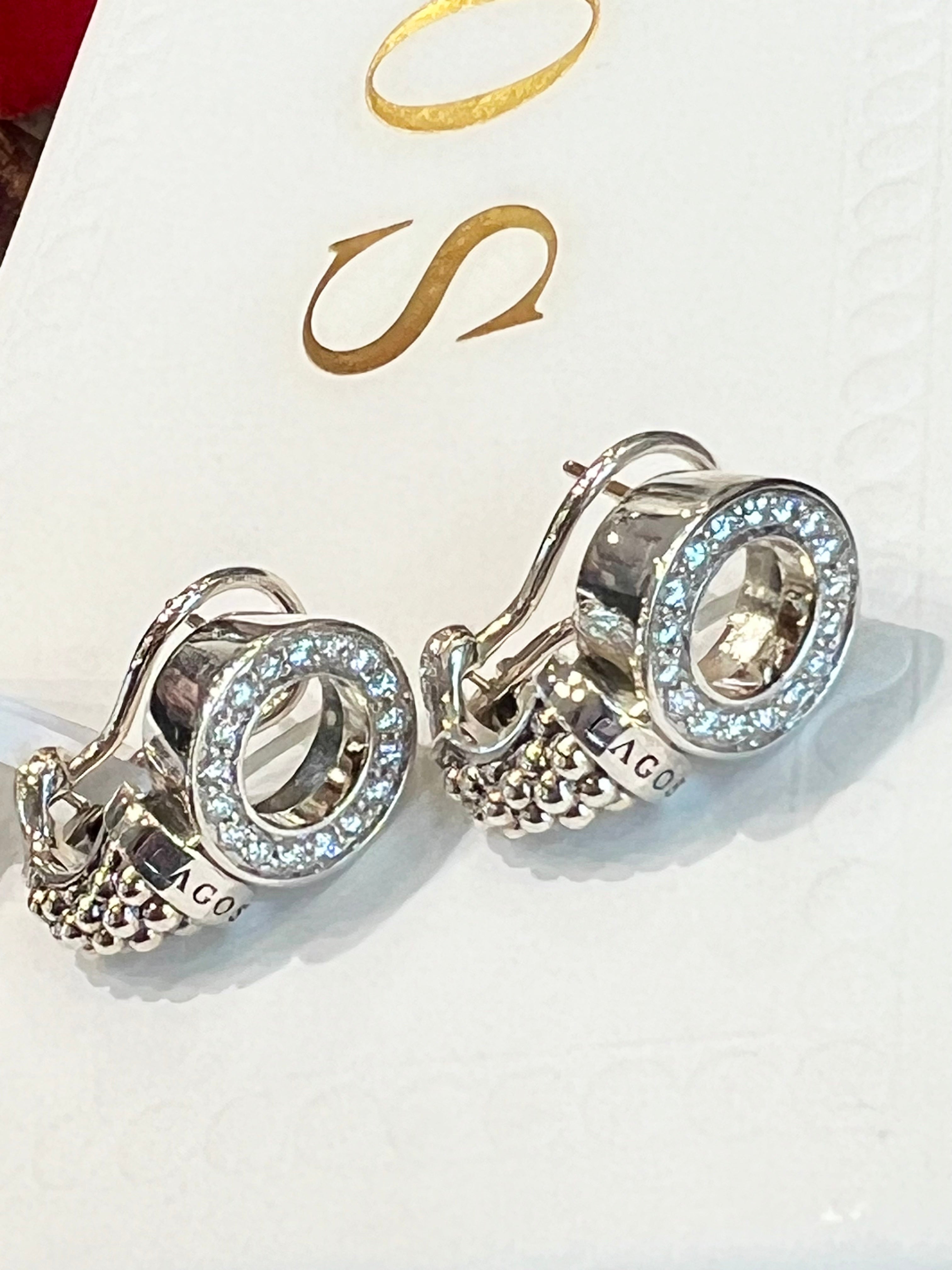 LAGOS CAVIAR SPARK DIAMOND 13MM CIRCLE OMEGA CLIP EARRINGS