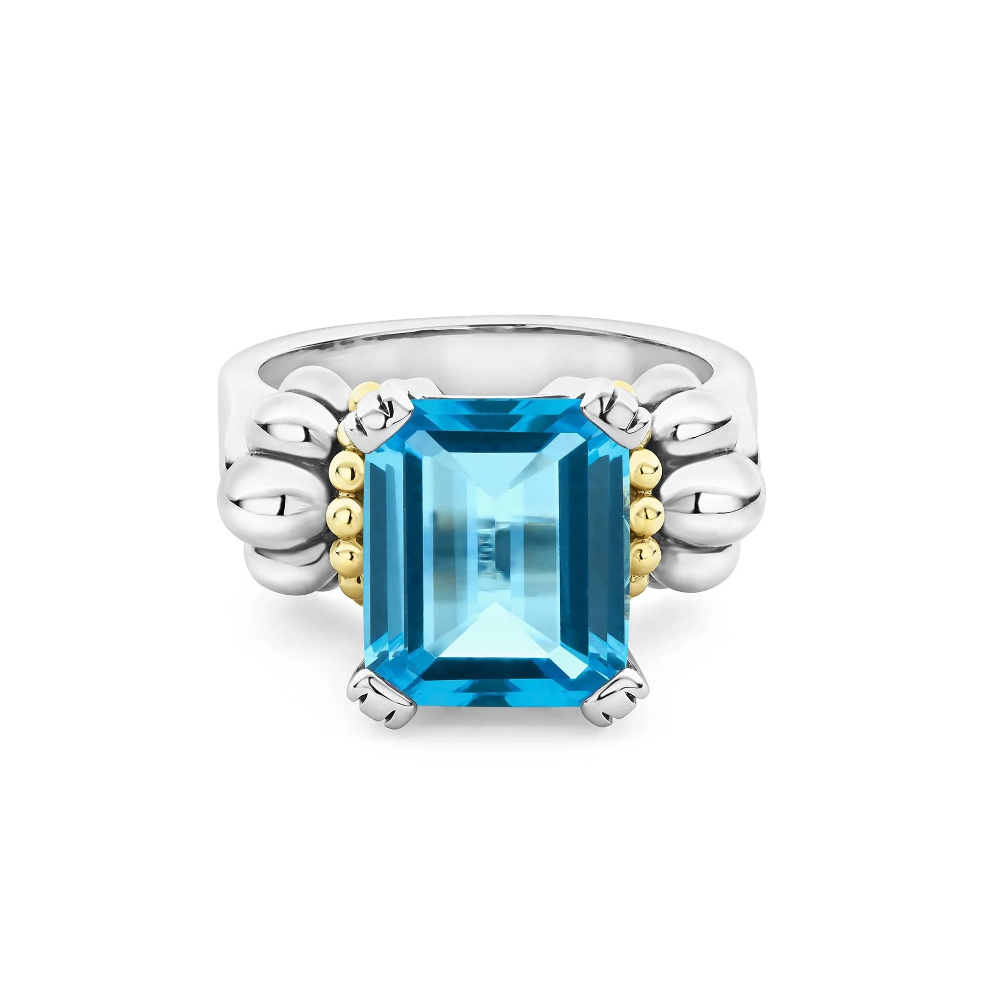 LAGOS GLACIER MEDIUM EMERALD CUT SWISS BLUE TOPAZ SILVER 18K GOLD RING