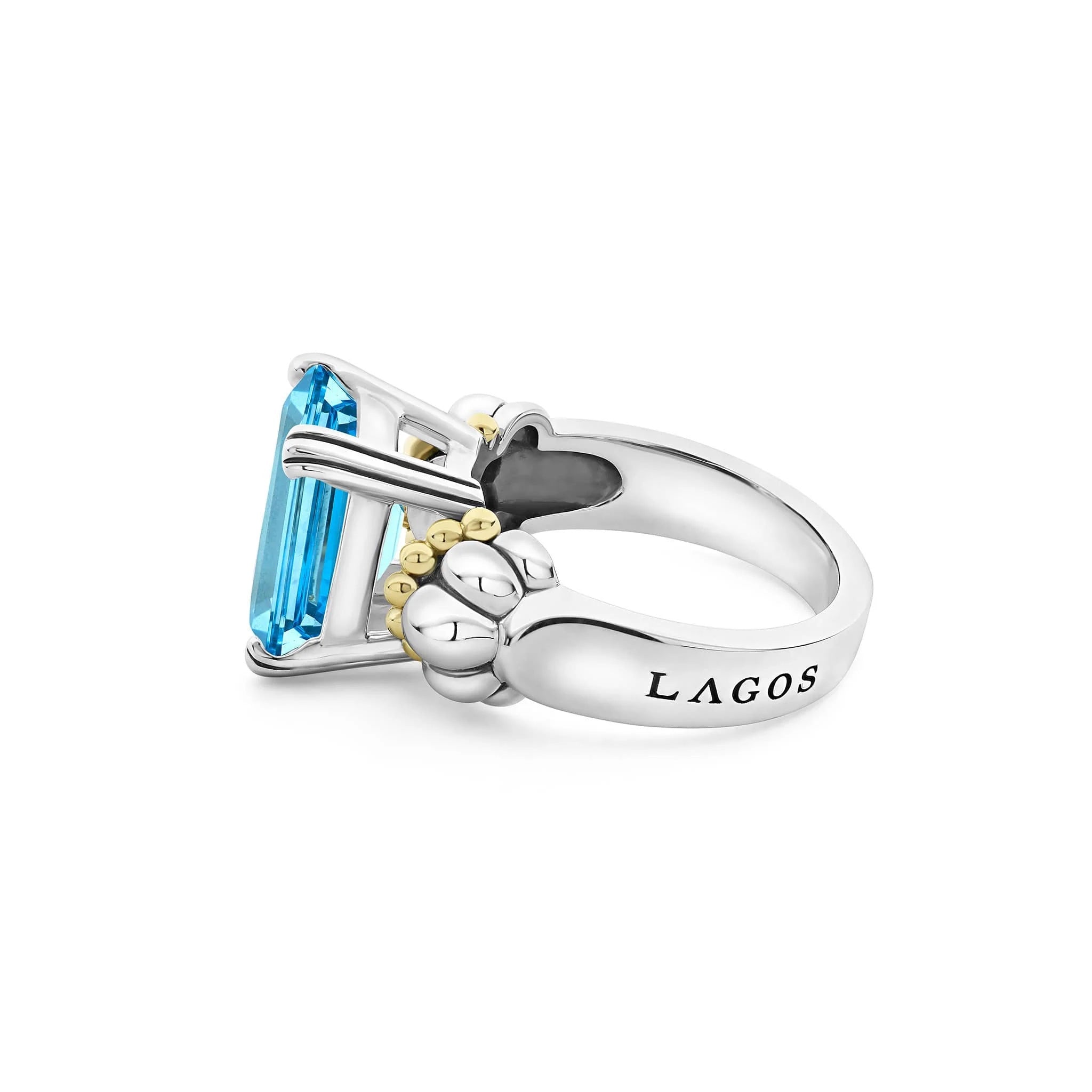 LAGOS GLACIER MEDIUM EMERALD CUT SWISS BLUE TOPAZ SILVER 18K GOLD RING