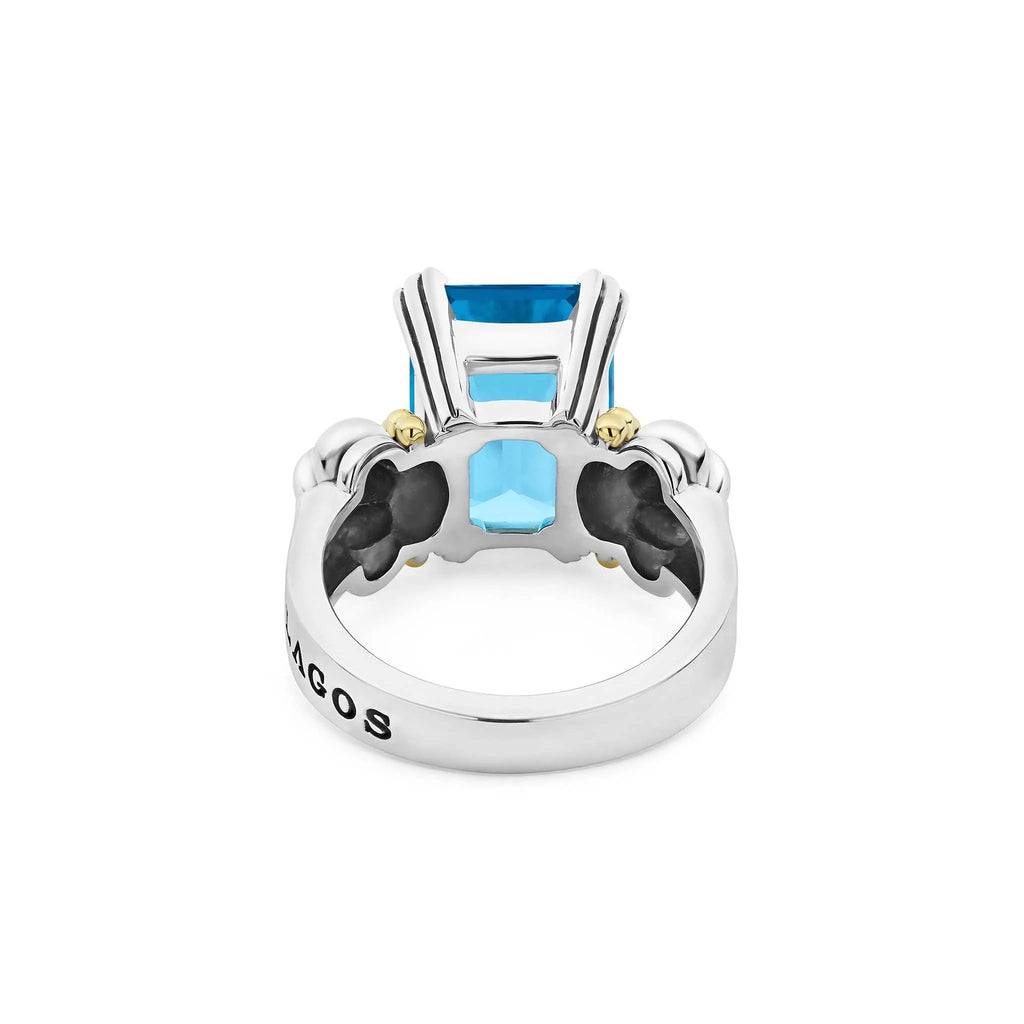 LAGOS GLACIER MEDIUM EMERALD CUT SWISS BLUE TOPAZ SILVER 18K GOLD RING