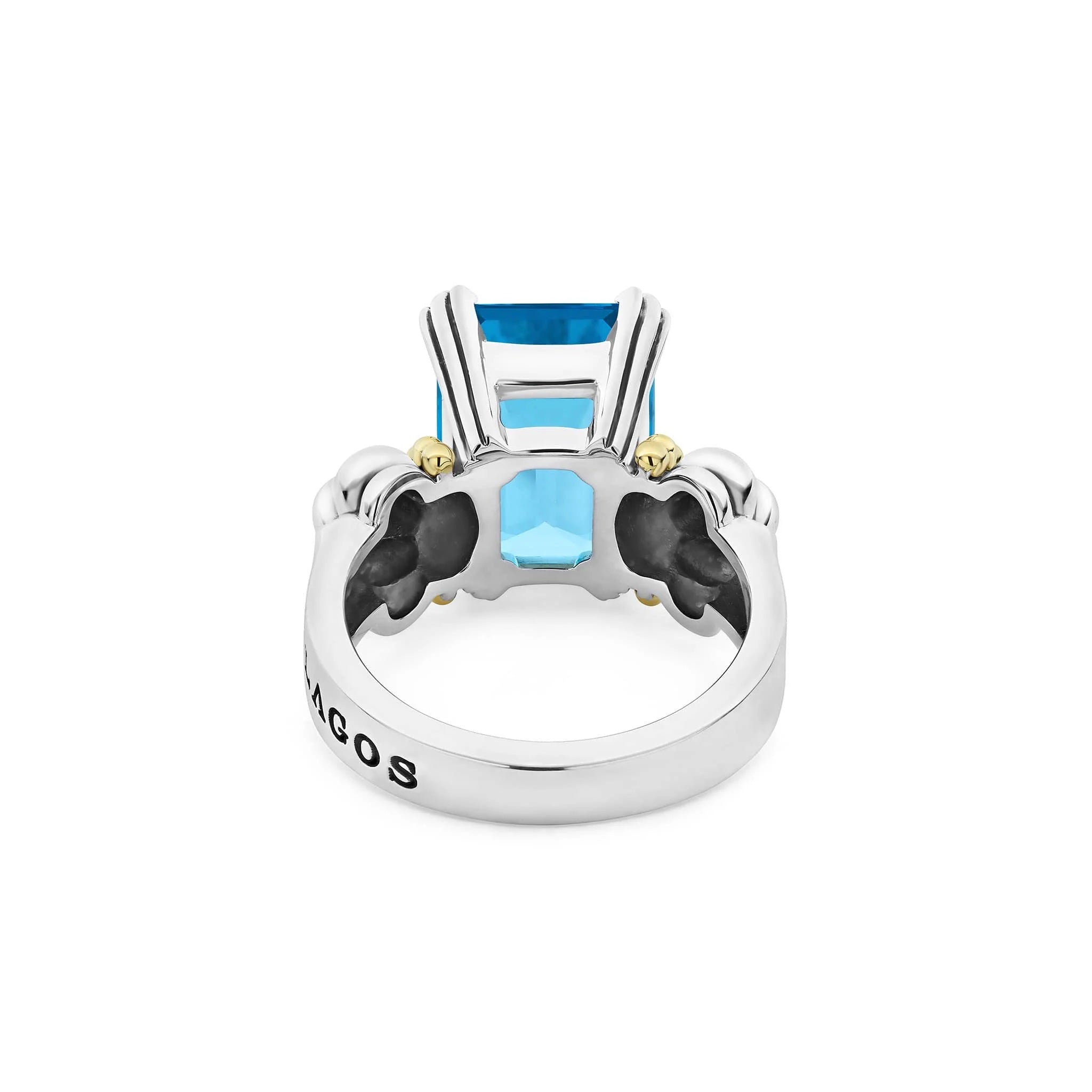LAGOS GLACIER MEDIUM EMERALD CUT SWISS BLUE TOPAZ SILVER 18K GOLD RING