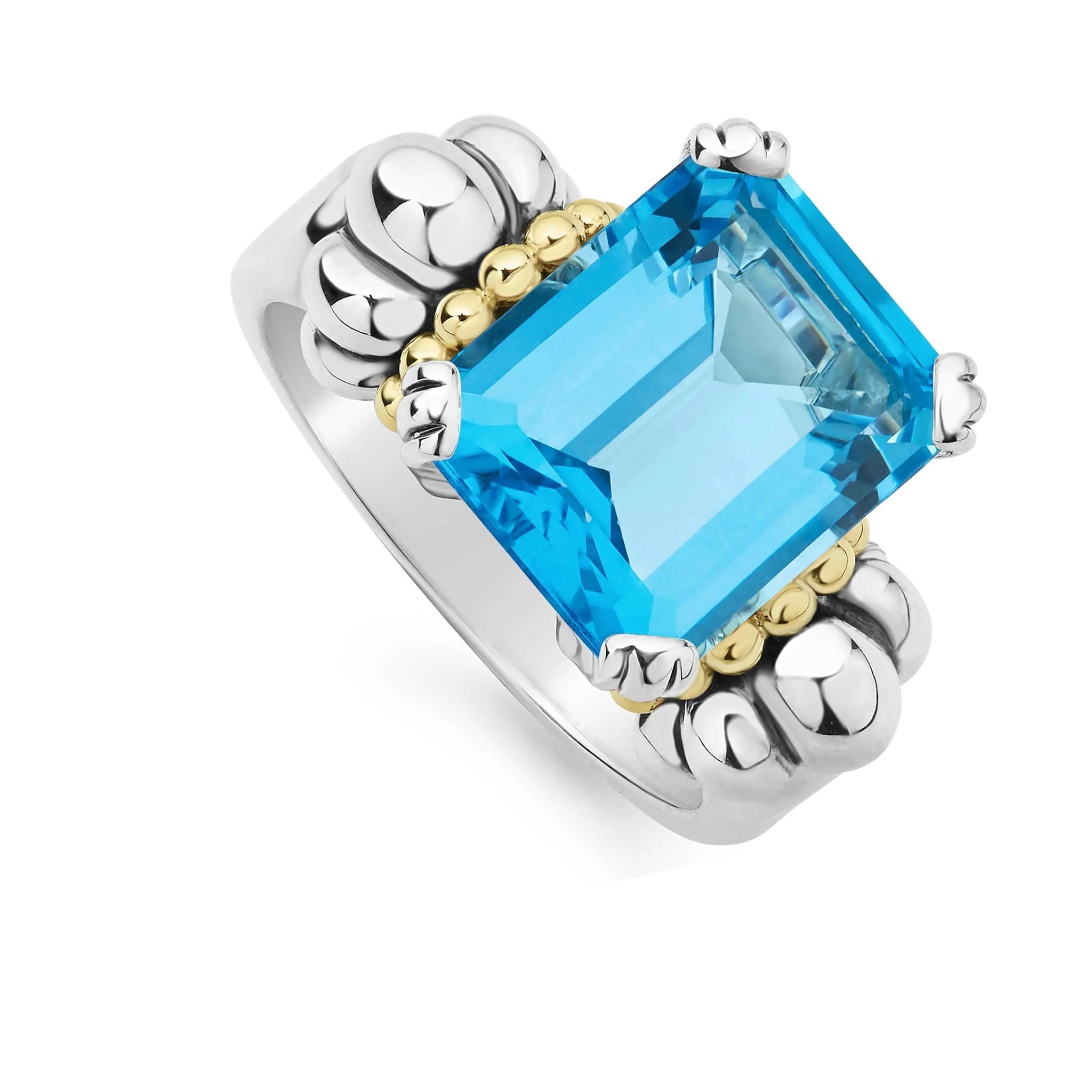 LAGOS GLACIER MEDIUM EMERALD CUT SWISS BLUE TOPAZ SILVER 18K GOLD RING