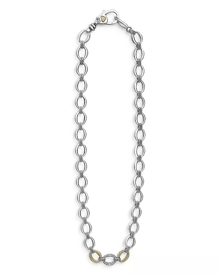 LAGOS STERLING SILVER 18K GOLD CAVIAR LUXE DIAMOND LINK NECKLACE