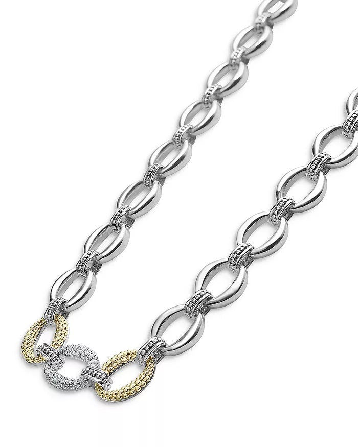 LAGOS STERLING SILVER 18K GOLD CAVIAR LUXE DIAMOND LINK NECKLACE