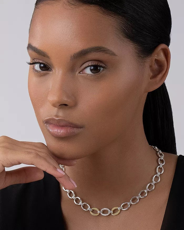 LAGOS STERLING SILVER 18K GOLD CAVIAR LUXE DIAMOND LINK NECKLACE