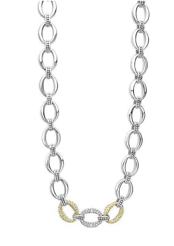 LAGOS STERLING SILVER 18K GOLD CAVIAR LUXE DIAMOND LINK NECKLACE