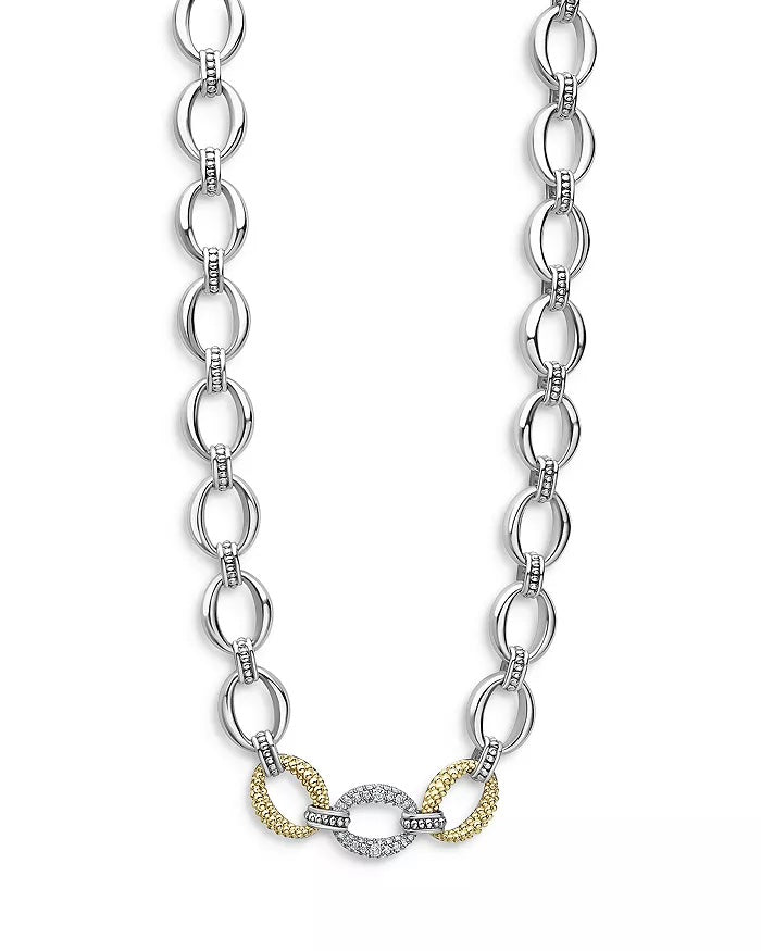 LAGOS STERLING SILVER 18K GOLD CAVIAR LUXE DIAMOND LINK NECKLACE