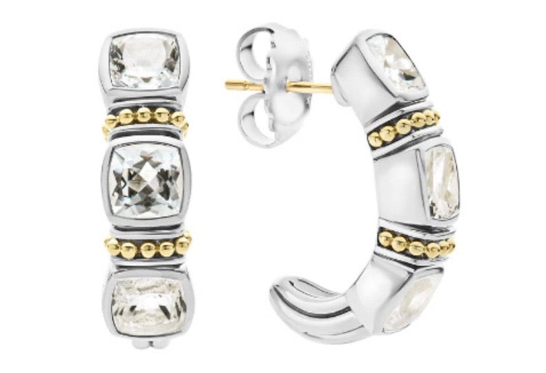 LAGOS CAVIAR STERLING SILVER 18K GOLD WHITE TOPAZ HOOP EARRINGS