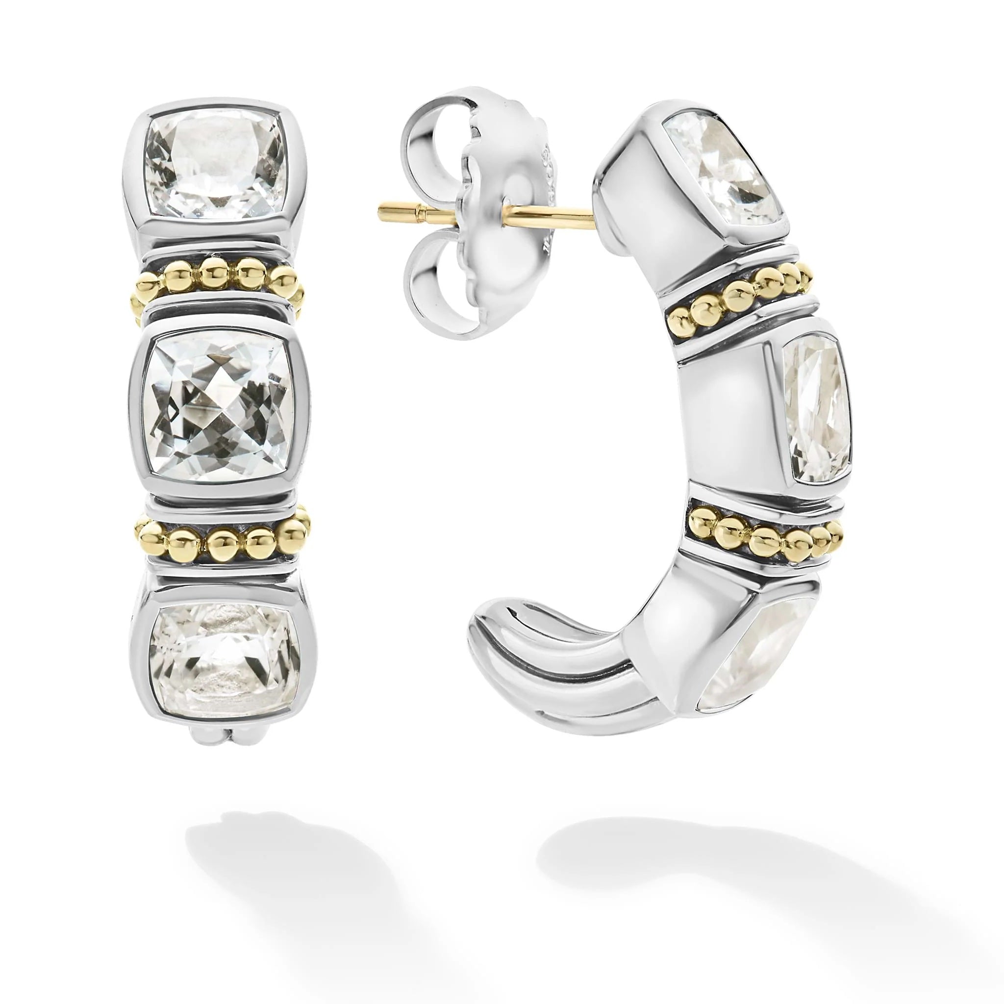 LAGOS CAVIAR STERLING SILVER 18K GOLD WHITE TOPAZ HOOP EARRINGS