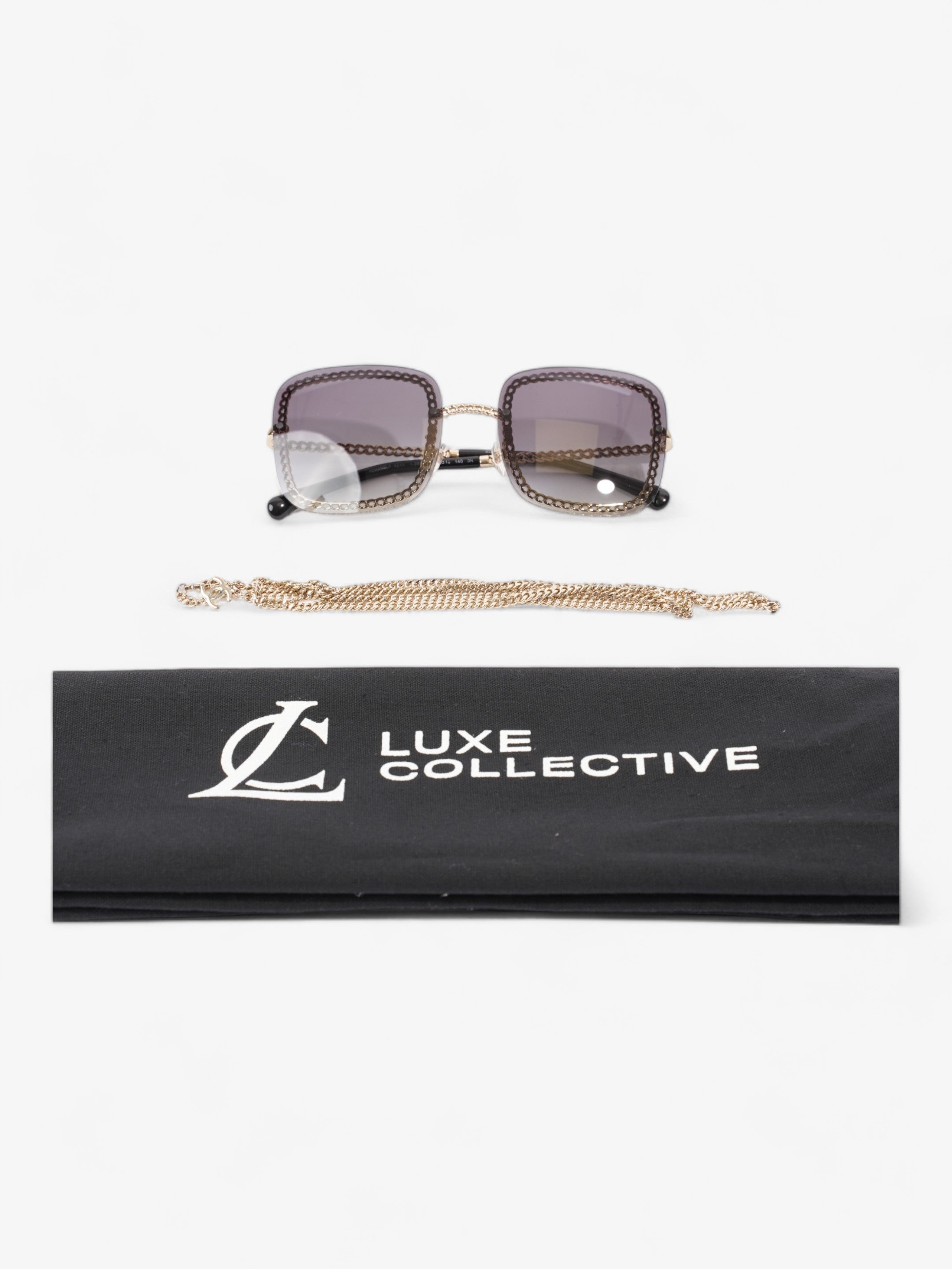 Chanel Chain Detailed Sunglasses with Double Chain Black / Gold Acetate 140mm
